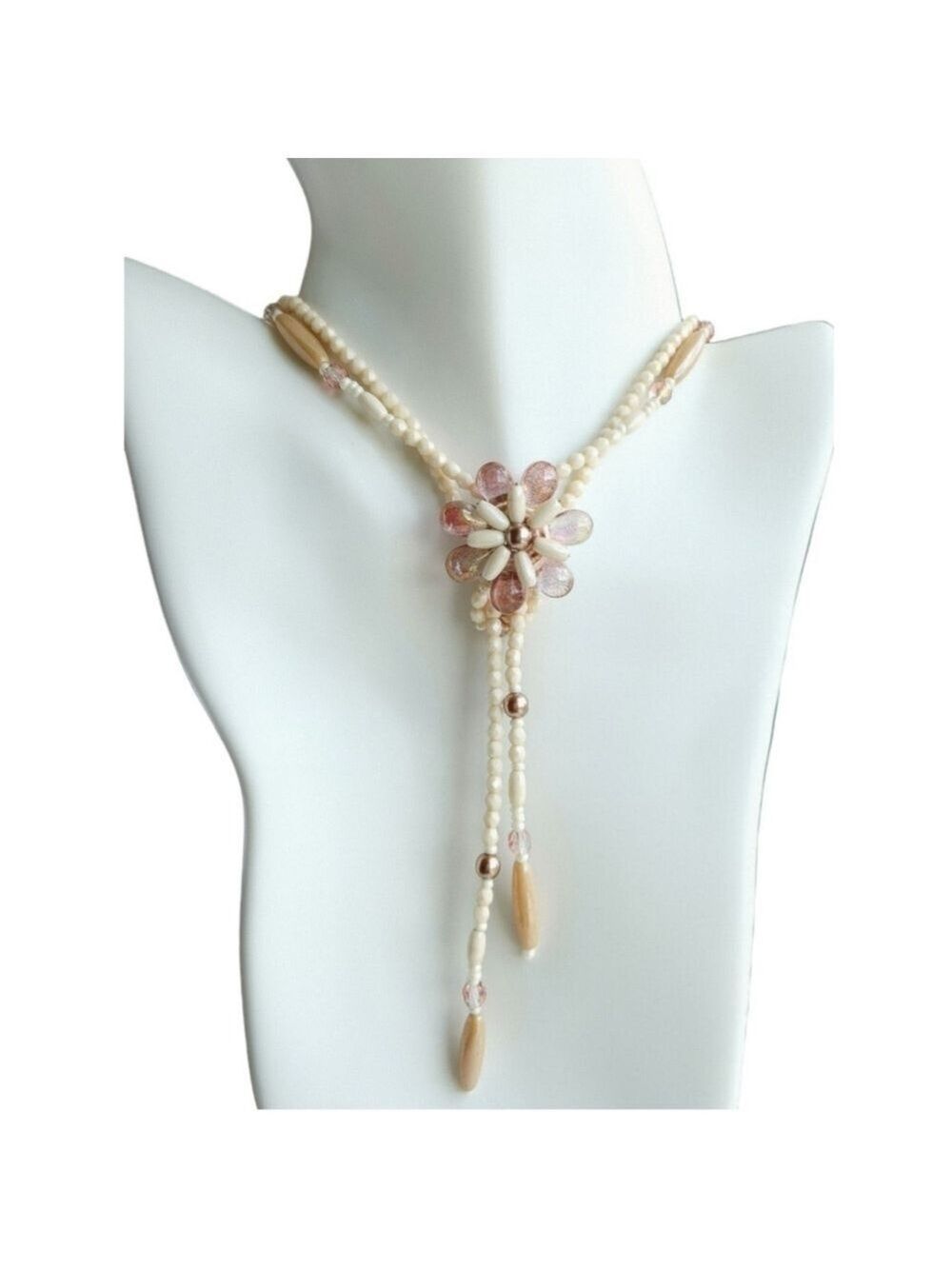 VINTAGE 70s Lariat long necklace of pearly beads in cream and rose